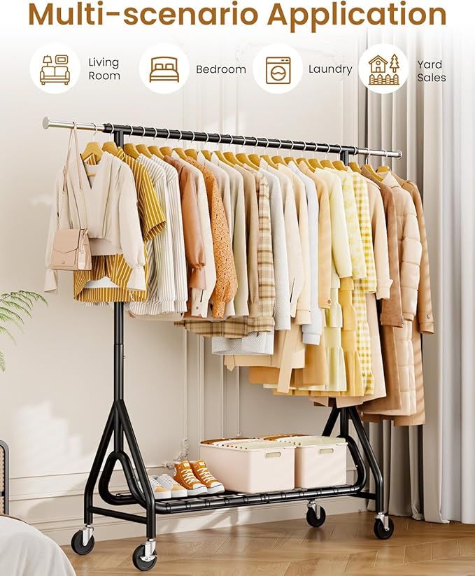 Heavy Duty Garment Rack, Metal Clothes Rack Load 450 LBS, Rolling Clothing Racks for Hanging Clothes with Lockable Wheels, Wardrobe Closet Coat Racks for Bedroom, Black