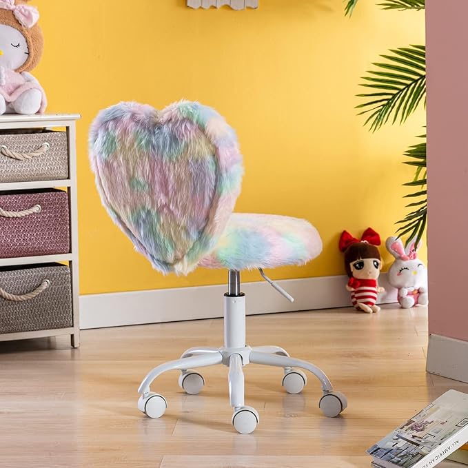Cute Fuzzy Kids Chair for Teenage Girls Rolling Study Desk Student Chair Furry Computer Task Chair, Adjustable Heart Shaped Reading Vanity Chair for Bedroom, Various