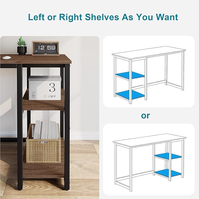 SINPAID Computer Desk 47 inches with 2-Tier Shelves Sturdy Home Office Desks with Large Storage Space Modern Gaming Desk Study Writing Laptop Table, Brown