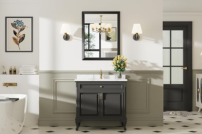 24x32 Inch Black Bathroom Mirror for Wall, Thick Metal Framed Rectangle Mirrors for Over Sink, Bedroom, Living Room, Entryway, Anti-Rust, HD Tempered Glass