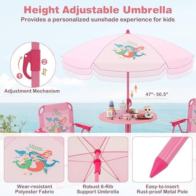 Costzon Kids Picnic Table, Kids Outdoor Table with 2 Folding Chairs, Height Adjustable Umbrella, Portable Children Outdoor Furniture for Patio, Garden, Backyard (Pink)