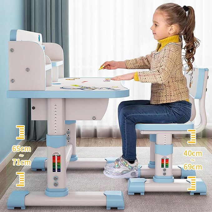 Kids Functional Desk and Chair Set, Height Adjustable Children School Study Table Chair Set with Cartoon Pattern, Ergonomic Desk Chair with Large Writing Board, Bookshelf and Book Bucket Blue