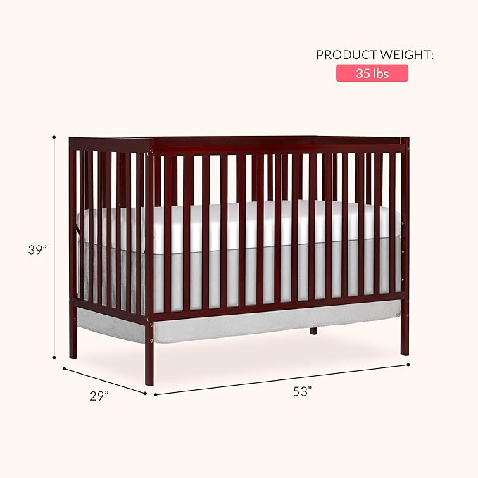 Dream On Me Synergy 5-in-1 Convertible Full-Size Baby Crib with Toddler, Day & Full Bed Conversion in Cherry, GreenGuard Gold & JPMA, 3 Mattress Heights, Sustainable Pinewood