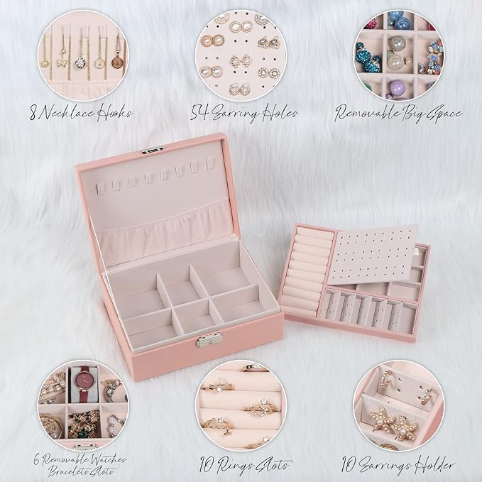 Jewelry Box for Women Girls, 2 Layers Jewelry Organizer Container with Lock, PU Leather Storage Case with Removable Tray, Jewelry Display Box for Necklaces Earrings Bracelets Rings Watches (Pink)