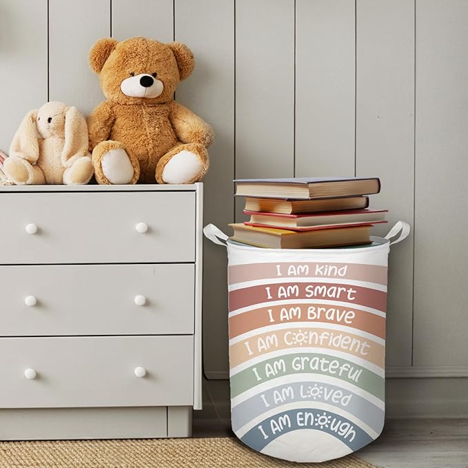 Boho Rainbow Laundry Basket, Positive Affirmations Inspirational Waterproof Collapsible Laundry Hamper Dirty Clothes Storage Toy Bin Organizer for Kids Room College Dorm Bedroom Bathroom