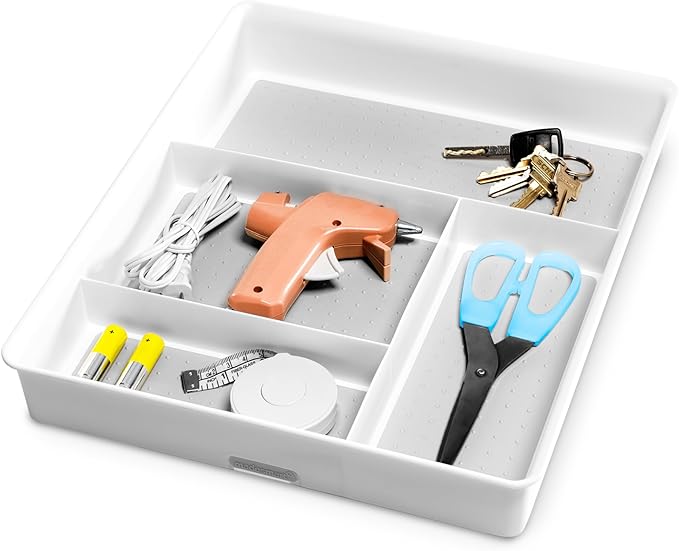 Madesmart Classic 4-Compartment Drawer Organizer Gadget Tray, Plastic Multipurpose Storage Bin for Drawers, White