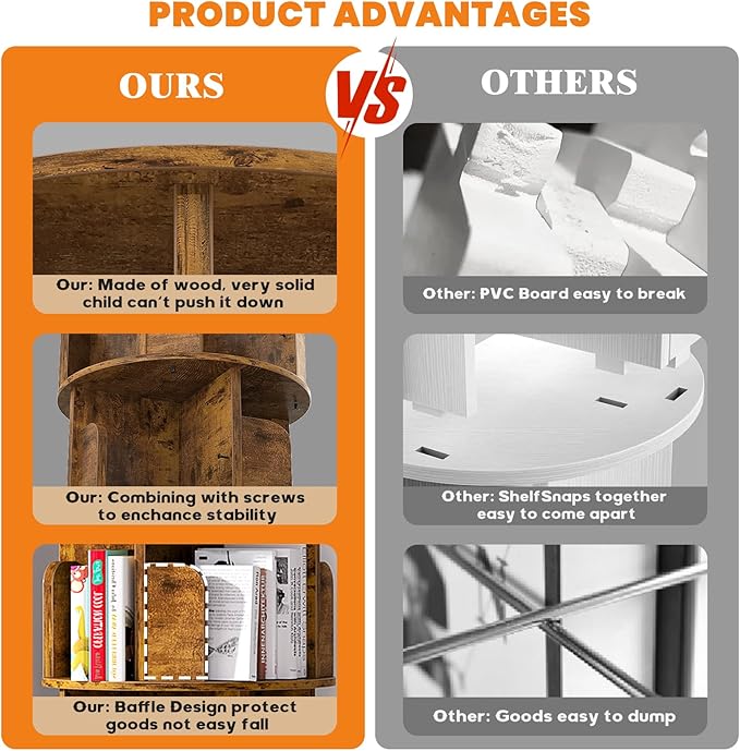 Rotating Bookshelf, Corner Bookshelf, 360 Display Wood Spinning Bookcase Storage Rack, Floor Standing Revolving Bookcase Narrow Book Shelf Organizer for Small Space, Bedroom, Rustic Brown