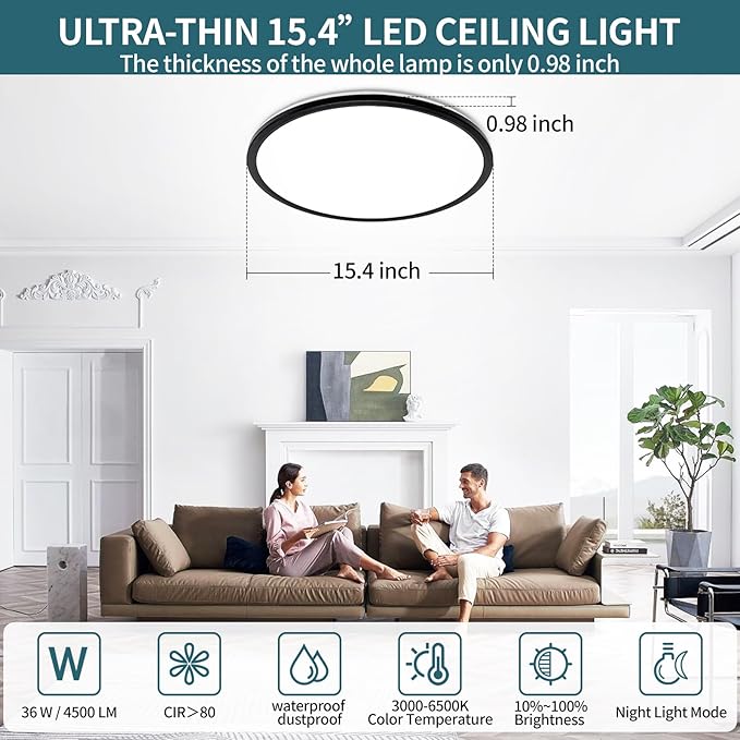 15.4 Inch Led Ceiling Light Fixtures, Dimmable with Remote Control, 36W, 4500LM, Ultra Thin Modern Flush Mount Ceiling Lights for Bedroom Living Room Kitchen Dining Room