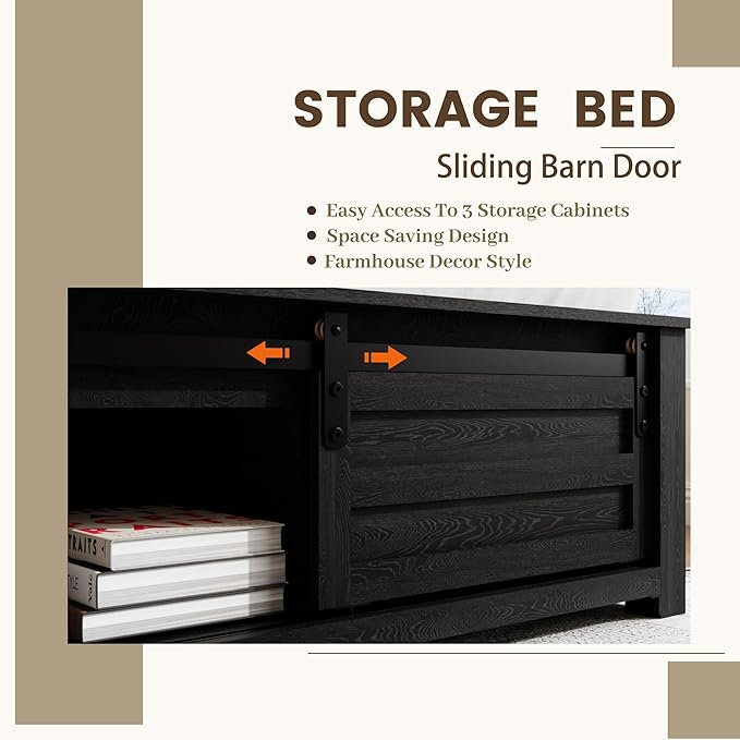Wooden Full Size Bed Frame with Headboard, Classic Black Farmhouse Storage Bedframe with Sliding Barn Door Footboard and Charging Station, Wood Slats, No Box Spring Needed