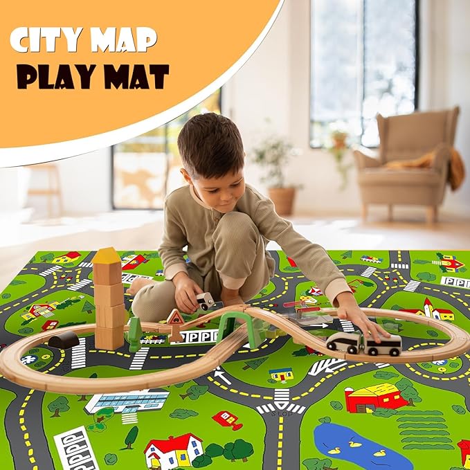 Non-Slip Town City Road Map Playmat for Boys, Perfect for Playroom and Bedroom, Car Track Mat - 4'11" x 3'3"(Rectangular)