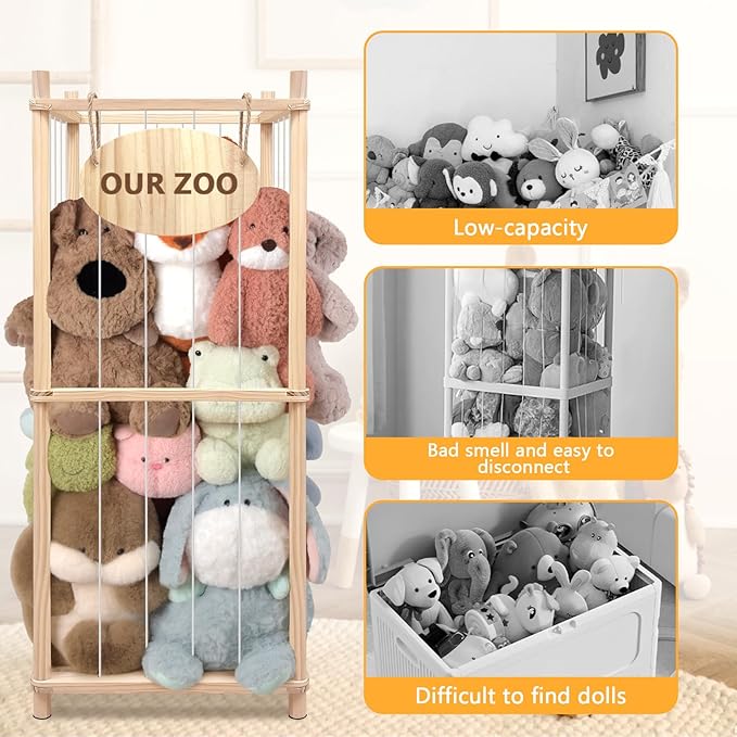 Stuffed Animal Storage Organizer - Thick Wooden Toy Zoo for Playroom & Bedroom (Medium)
