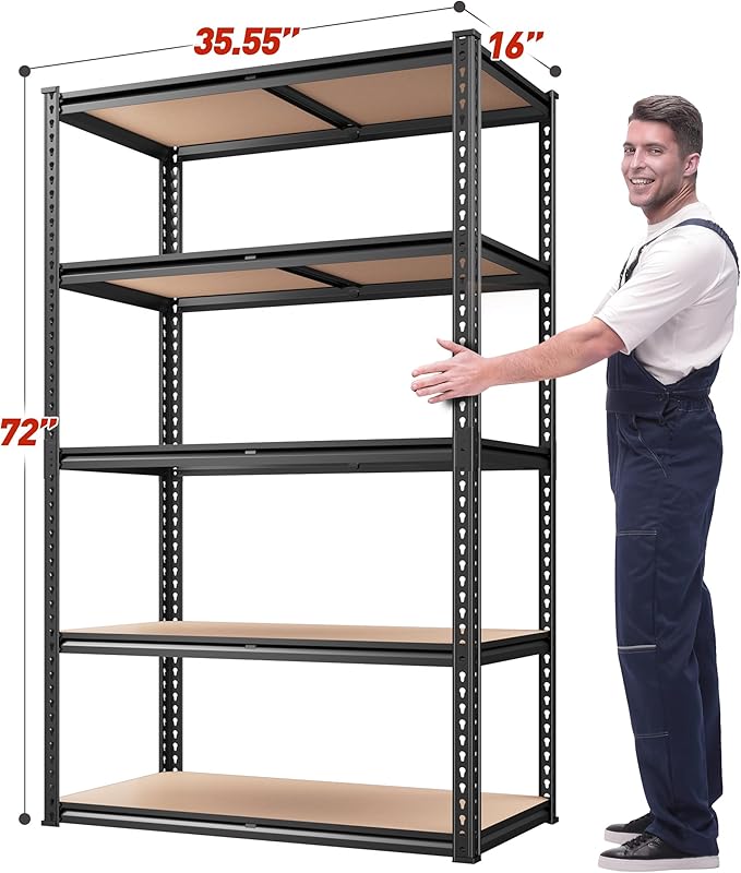 REIBII 2020LBS Storage Shelves 5 Tier Garage Shelving Heavy Duty, Adjustable Metal Shelving Unit, Garage Shelves for Basement Warehouse Pantry, 72" H x 35.55" W x 16" D, Black, 2 Pack