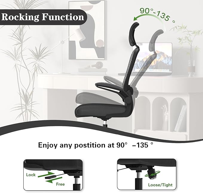 Ergonomic Office Chair for Long Hours & Back Pain Relief – Desk Chair with Adjustable Lumbar Support & Headrest, High-Density Foam Cushion, Flip-Up Armrests, Perfect for Work & Study (Dark Black)