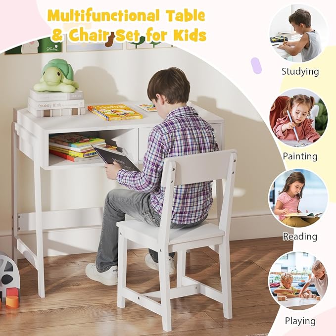 HONEY JOY Kids Desk and Chair Set, Wooden Children School Study Table and Chair w/Storage Drawer & Hutch, Student Writing Desk Computer Workstation for Bedroom, Gift for 3+ Years Old (White)