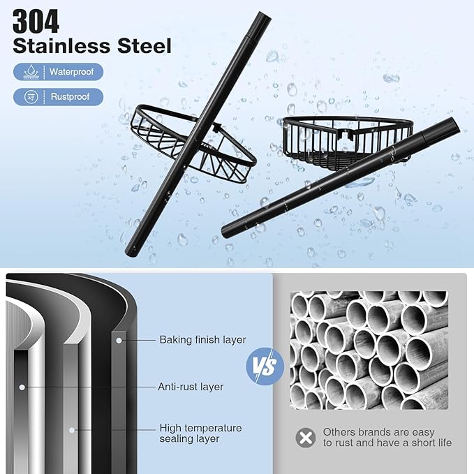 Corner Shower Caddy Tension Pole: Stainless Steel Rustproof 4-Tier Shower Organizer - 47-121 inch Adjustable Bathroom Shelves for Bathtub Shampoo Storage - Tension Rod Floor Standing Bath Rack - Black