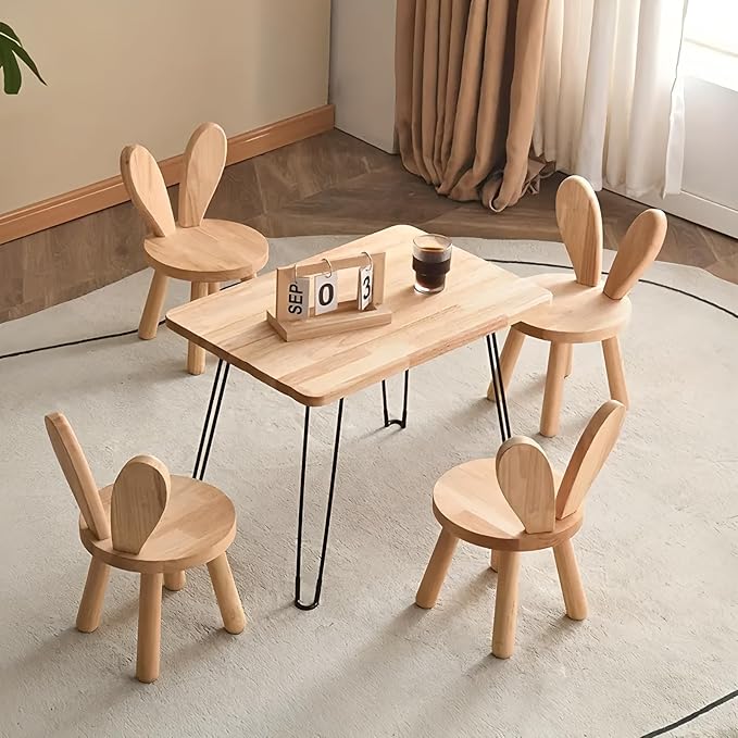 Solid Wood Rabbit Chair Cute Multi Functional Sturdy Rubber Wood Chair for Living Room Bedroom Playroom Easy Assembly Comfortable Safe Design (No Hair, Rabbit Stool)