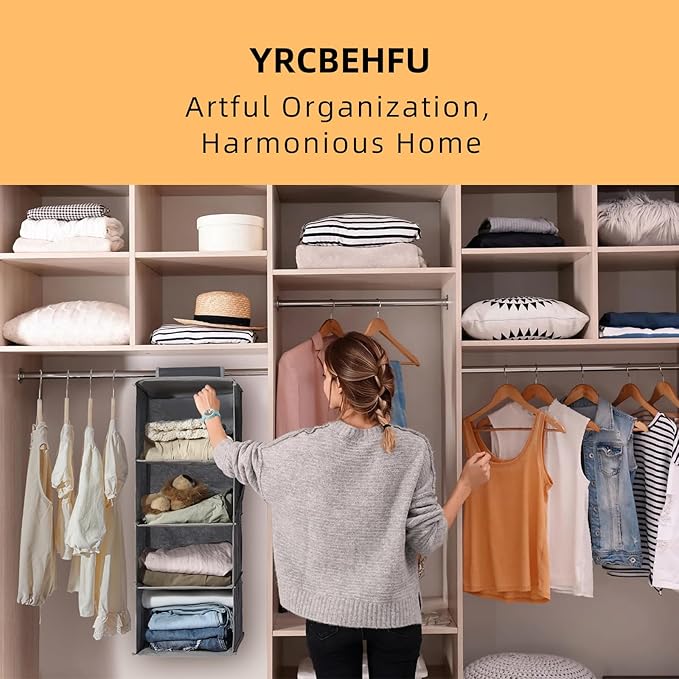 2 Packs Hanging Closet Organizer Storage, 3-Shelf Hanging Shelves for Closet, Closet Clothes Organizer and Storage with Side Pocket, Beige