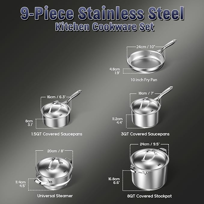 Cooks Standard Multi-Ply Clad Stainless Steel Cookware Set, 9 Piece, Silver