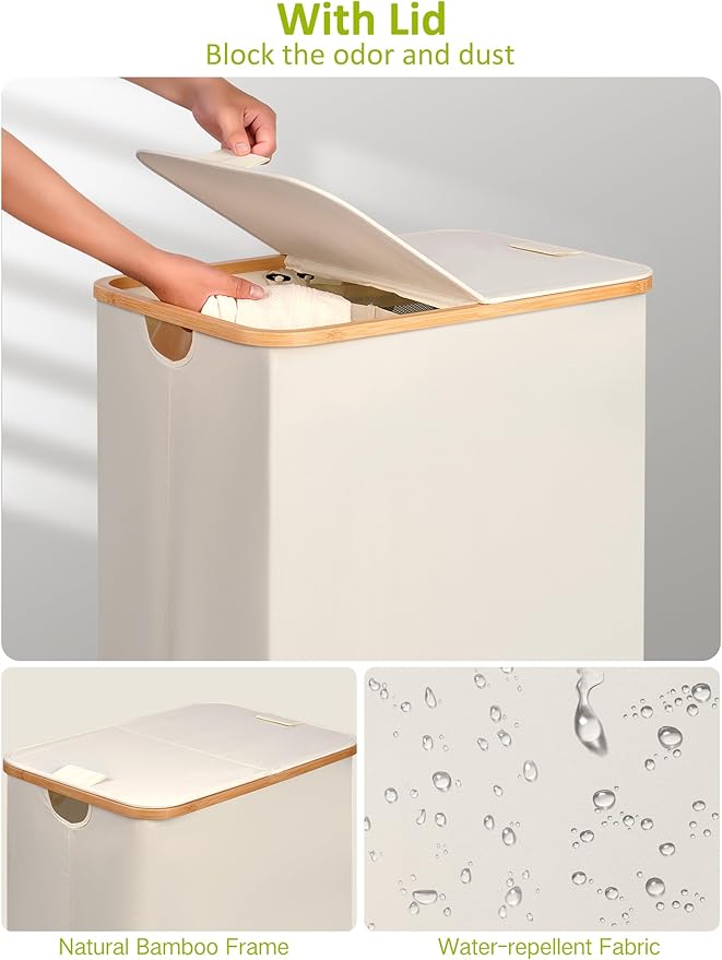 efluky Double Laundry Hamper with Wheels, Divided Laundry Hamper with Removable Bags, 2 Section Dirty Clothes Basket with Handles for Bathroom, Bedroom & Laundry Room, 160L Beige