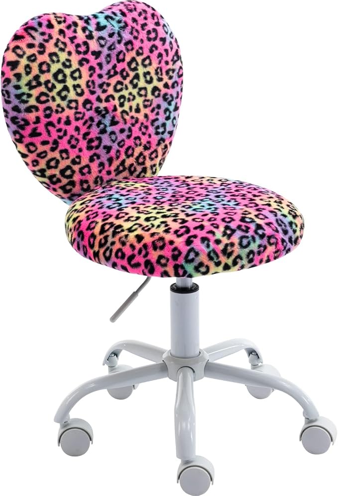 Cute Fuzzy Kids Chair for Teenage Girls Rolling Study Desk Student Chair Furry Computer Task Chair, Adjustable Heart Shaped Reading Vanity Chair for Bedroom, Leopard