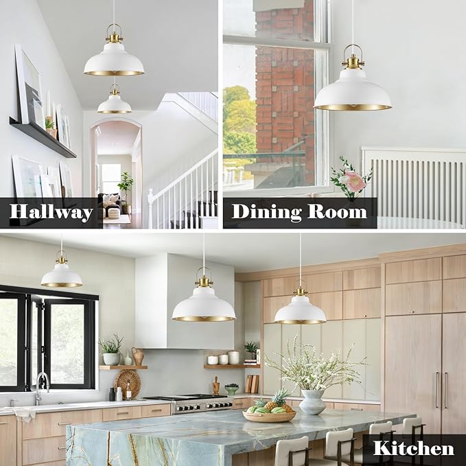 White and Gold Pendant Light, 11.41 Inch Dome Pendant Lights, Industrial Pendant Light Kitchen Island, Farmhouse Pendant Lights 2 Packs, Island Pendant Lights for Kitchen, Dining Room, Living Room