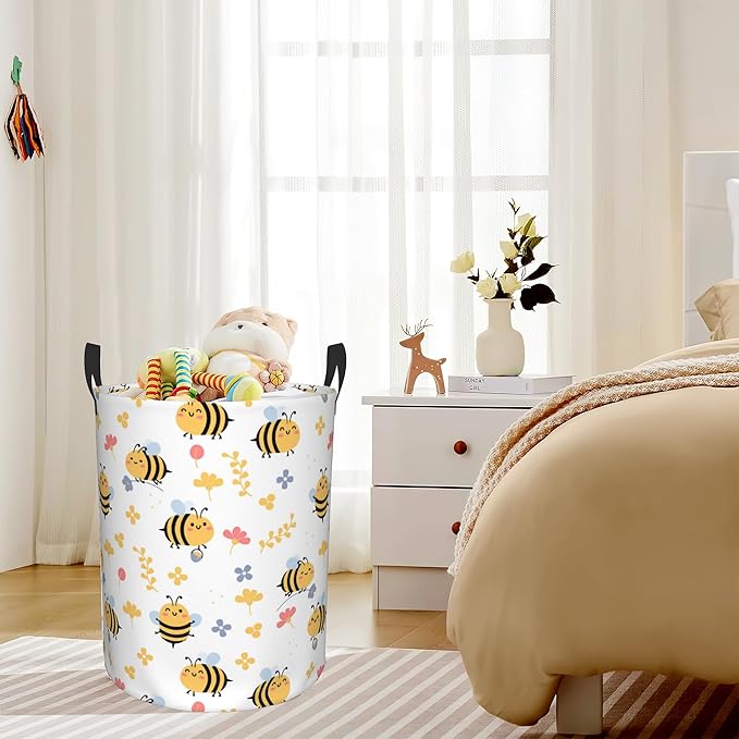 Flying Bees and Flower Laundry Basket,Waterproof Foldable Laundry Hamper,Dirty Clothes Laundry Basket, Linen Bin Storage Organizer for Toy Collection 16" x 20"
