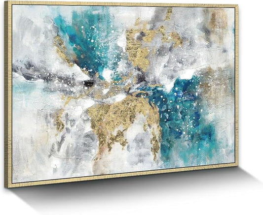 Abstract Canvas Framed Wall Art: Blue White Accent Minimalist Painting Navy Modern Textured Prints Glitter Gold Foil Artwork for Living Room Bedroom