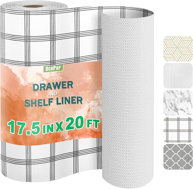 OcePor Non-Adhesive Drawer and Shelf Liner 17.5IN x 20FT，Non Slip Cabinet and Cupboard Liner, Kitchen Cabinet Liners for Shelves, Waterproof Drawer Shelf Liners for Cabinets/Bathroom Cupboard,Stripe