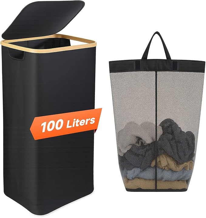 26 Gall/100L Foldable Laundry Hamper with Lid & Collapsible Basket - Clothes Hampers for Laundry with Bamboo Handles and A Removable Bag, Portable Clothes Organizer for Home, Dorm, Travel, Black