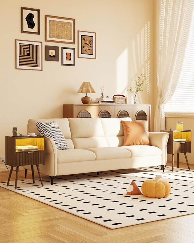 Nightstand, Modern Bedside Table with Charging Station and LED Lights, Night Stand with Storage Drawer and Solid Wood Legs