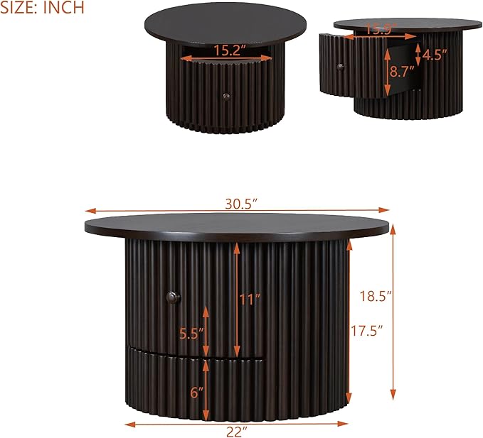 WILLIAMSPACE 30.5" Round Coffee Table with a Drawer, Modern Farmhouse Wood Circle Drum Center Table with Vertical Slat Base, Accent Side End Table for Living Room Apartment, Dark Brown