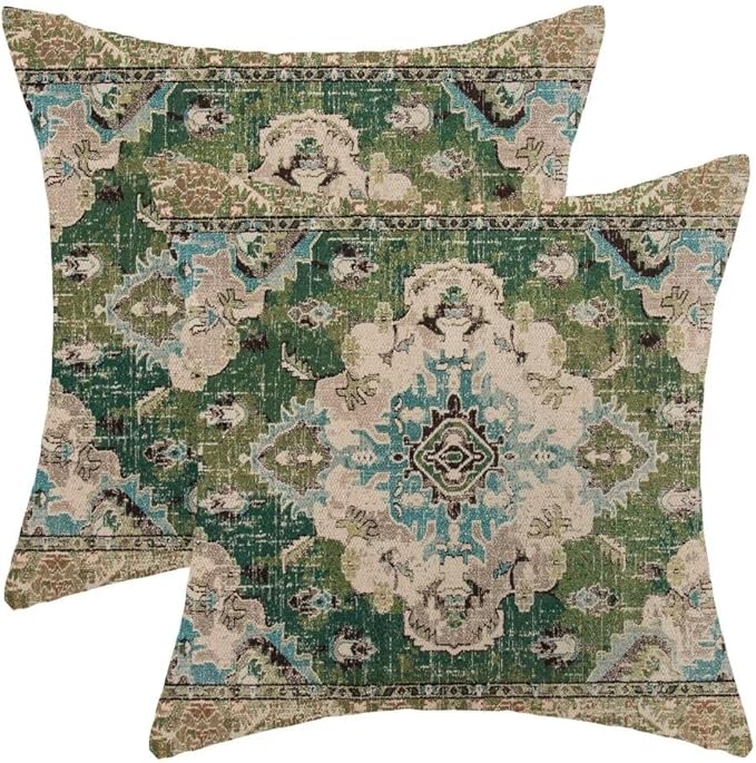 BETGINY Sage Green Boho Pillow Covers 18 x 18 Inch Pack of 2, Bohemian Carpet Pattern Decorative Throw Pillow Covers Outdoor Linen Farmhouse Pillowcase for Bedroom Home Sofa Decor
