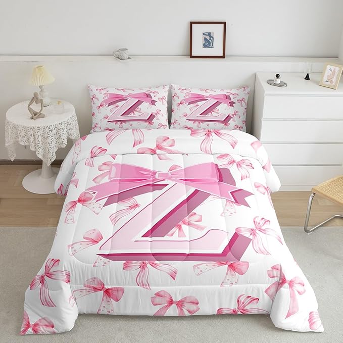 jejeloiu Kids Girls Cute Pink Bow Comforter Set King Size Monogrammed Bedding Set Ultra Soft Personalized Initial Z Duvet Quilt Coquette Bow Knot Quilt Set Room Decor Modern Fashion Comforter