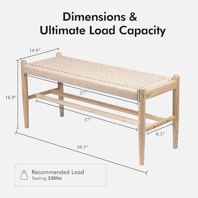 Solid Wood Entryway Bench with Shoe Storage, Rustic Oak Wood and Woven Design 39.4 Inch Long Seating for Living and Dining Rooms,Nature