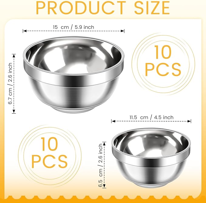 20 Pack 304 Stainless Steel Bowls Set 13oz 20oz Metal Double Walled Insulated Snack Mixing Lightweight Multipurpose Toddler Dinner Bowls for Ice Cream, Cereal, Snack