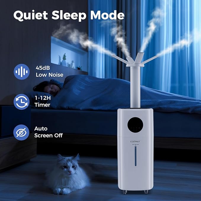 COSTWAY 21L Humidifier for Large Room, 5Gal Whole House Ultrasonic Humidifier with 3 Mist Levels, Extension Tube, 360° Nozzles & Remote Control, Top Fill Commercial Humidifier with Wheels for Home