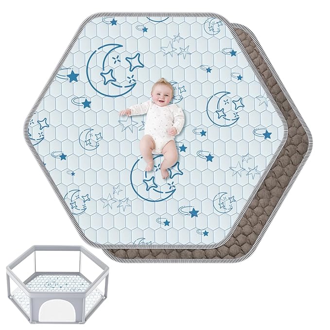 Hexagon Baby Play Mat 52x45in: Thick & Soft Cushioned Padded Hexagon Playpen Mat for Babies Toddlers & Infant - Non-Slip Silicon Dot Baby Crawling Mat - Foldable & Machine Washable Baby Floor Mat