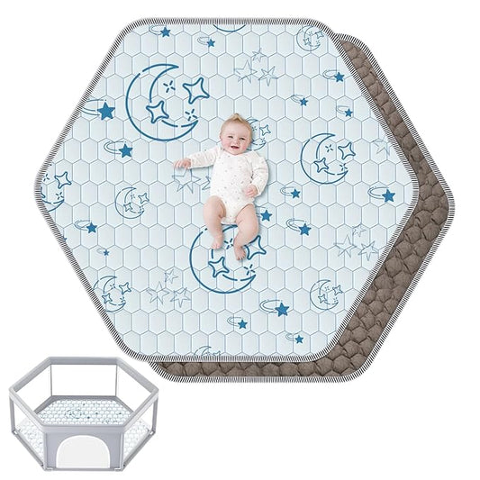 Hexagon Baby Play Mat 52x45in: Thick & Soft Cushioned Padded Hexagon Playpen Mat for Babies Toddlers & Infant - Non-Slip Silicon Dot Baby Crawling Mat - Foldable & Machine Washable Baby Floor Mat