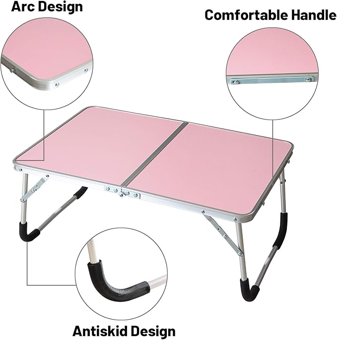 Foldable Laptop Table, Bed Desk, Breakfast Serving Bed Tray, Portable Mini Picnic Table & Ultra Lightweight, Folds in Half with Inner Storage Space (Pink)