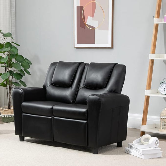 AVAWING Toddler Recliner, Double Kids Couch with Cup Holder, PU Leather Kids Sofa, Kids Loveseat w/Adjustable Footrest & Headrest for Boys and Girls 3+ Age Group, Classic Black