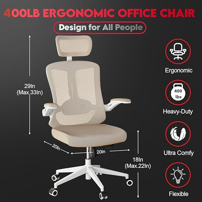Ergonomic Office Chair - 400LB Comfy Desk Chairs with Headrest and Back Support, Heavy Duty Mesh Computer Chair with Wheels and Arms for Home Office, Study, Bedroom and College Dorm (Beige)