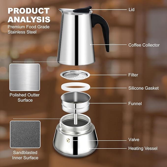2 Cup Stovetop Espresso Maker Stainless Steel Moka Pot Stove Top Percolator Italian Coffee Makers Capable Mocha Greca Machine Cafe Classic Induction Cookers for Home and Camping 100ml 3.3oz