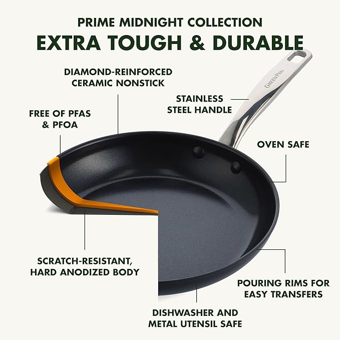GreenPan Chatham Black Prime Midnight Hard Anodized Healthy Ceramic Nonstick, 12" Frying Pan Skillet with Lid, PFAS-Free, Dishwasher Safe, Oven Safe, Black