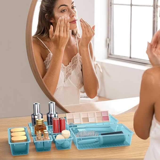 WOWBOX 44 PCS Clear Plastic Drawer Organizer Set, 6 Varied Size storage Bins and Desk Drawer Organizer Trays for Makeup, Gadgets, Jewelry and Utensils in Bathroom, Bedroom and Office, Clear Sea Blue