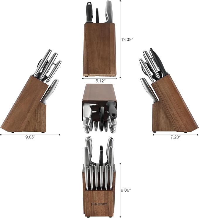 Knife Block Set, Kitchen Knife Sets with Block, FIKSHOT Knives Set for Kitchen - Razor-Sharp Santoku Knife, Fruit and Kitchen Sets - Rust Resistant for Homecooks (Silver + Walnut)
