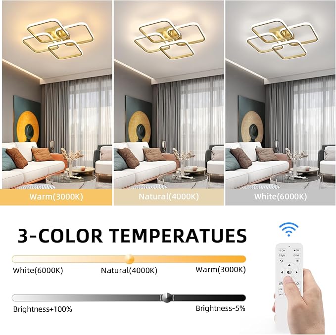 CANEOE Gold, Modern 4-Squares LED Ceiling Light Fixture, Dimmable, Remote Control, Square Flush Mount, Kitchen/Bedroom/Living Room Indoor Lighting, 23x23x5 inches, 48W, 3000K-6500K, 3840 Lumen