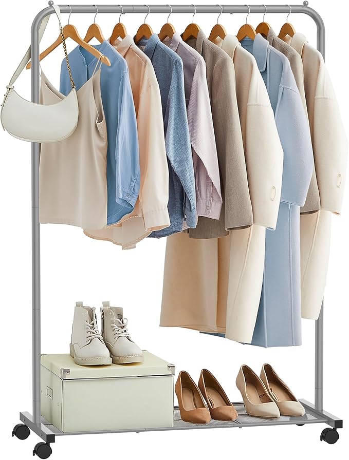 SONGMICS Clothes Rack with Wheels, Clothing Rack for Hanging Clothes, 25.4 mm Metal Garment Rack with Dense Mesh Storage Shelf, 110 lb Load Capacity, 2 Brakes, Gray UHSR025G01