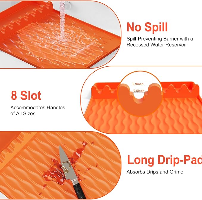 2-Pack Silicone Griddle Mat for Blackstone – Heat-Resistant Utensil Holder with Drip Tray, Non-Slip BBQ Tool Organizer for Grill, Kitchen Countertop & Outdoor Cooking Accessories（Grey&Orange）