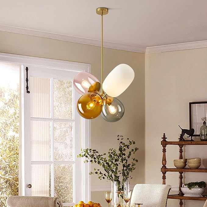 KCO Lighting Modern Colorful Pendant Light Gold Globe Pendant Lighting Stained Glass Balloon Chandelier Light Fixture Colored Glass Pendant Lights Kitchen Island for Kids Room