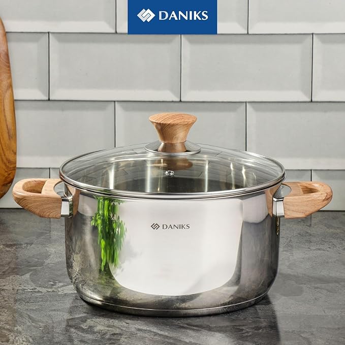 Daniks Oslo 10-Piece Stainless Steel Induction Cookware Set – Dishwasher Safe Saucepan, Frying Pan, Pots with Stay-Cool Handles, Glass Lids, Silver